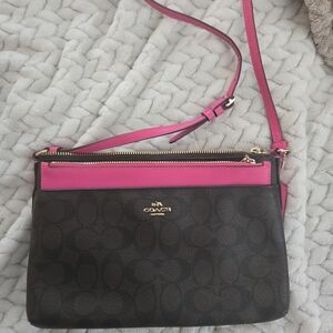 Coach Brown Monogram Crossbody with Hot Pink Trim